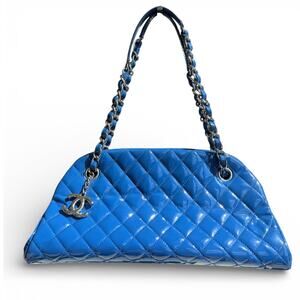 CHANEL Just Mademoiselle Bag Blue Quilted Patent Leather Silver Hardware Large